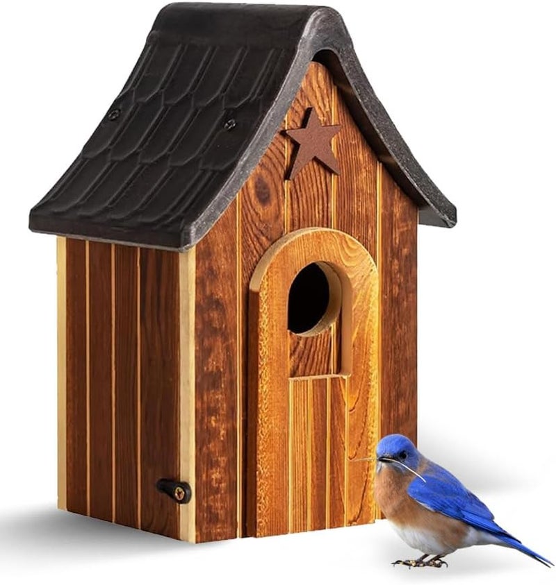 CEDAR ALPHA Water Proof Bluebird Bird Houses for Outside, 1.5" Entrance with Landing Perch Guard, Rustic Patriot Style, Squirrel Proof Composite Material Bird House for Outdoor, HDPE Roof 10 Years Weatherable - Image 1